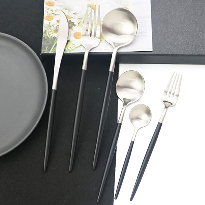 18/10 Black Handle Flatware Silver Silverware Set Stainless Steel Party Depot