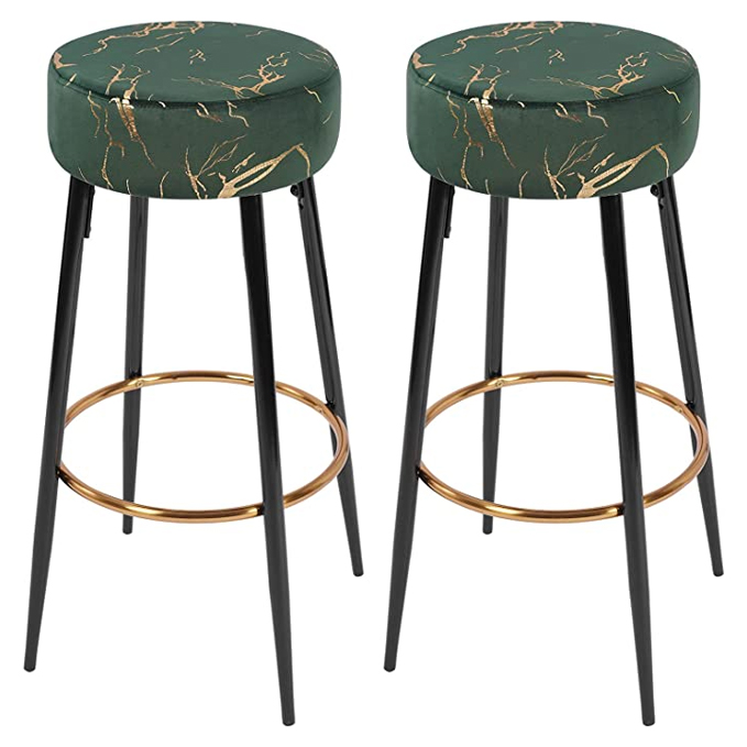 Velvet Bar Stools, Height 30 Inches, Dark Green & Gold Party Depot